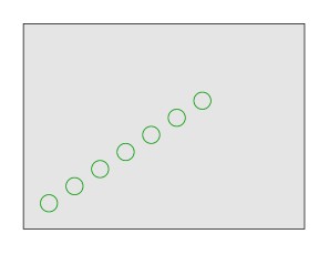 A label shows: 'Note : four single trace scopes were employed. The results shown in figure 11 were obtained by superimposing many drawings from the o-scope readings into a single Illustration.' The Illustration shows a rectangle with 7 circles drawn inside it. The locations of the circles are approximately (x, y axis) x1y1; x2y2; x3y3, etc going slightly up to the right.