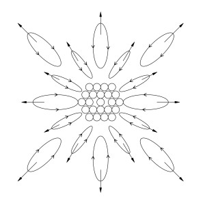 A cluster of circles appears in the middle of the diagram. The cluster is arranged in a somewhat round shape. All circles are close together. Pointing outwards from this circle of circles are ovals with one of their edges pointing towards the centre of the circle, and the other edge outwards away from the circle. At the outward edges an arrow points away from the circle.